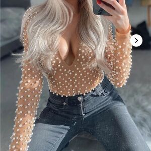 Elegant Pearl Embellished Tan Top bodysuit s mesh nude